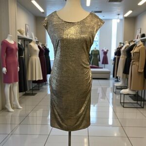 JOSEPH RIBKOFF GOLD METALLIC RUCHED SHEATH DRESS WITH BUTTON DETAILS/ Size 10